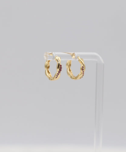 Twisted Gold Ruby Crystal Huggie Earrings