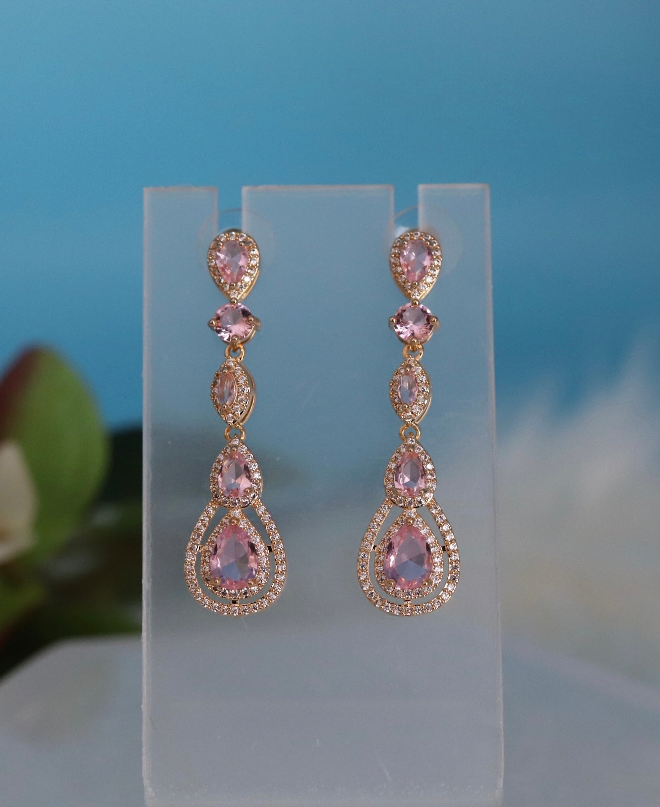 Pear Shaped Light Pink CZ Dangling Earrings