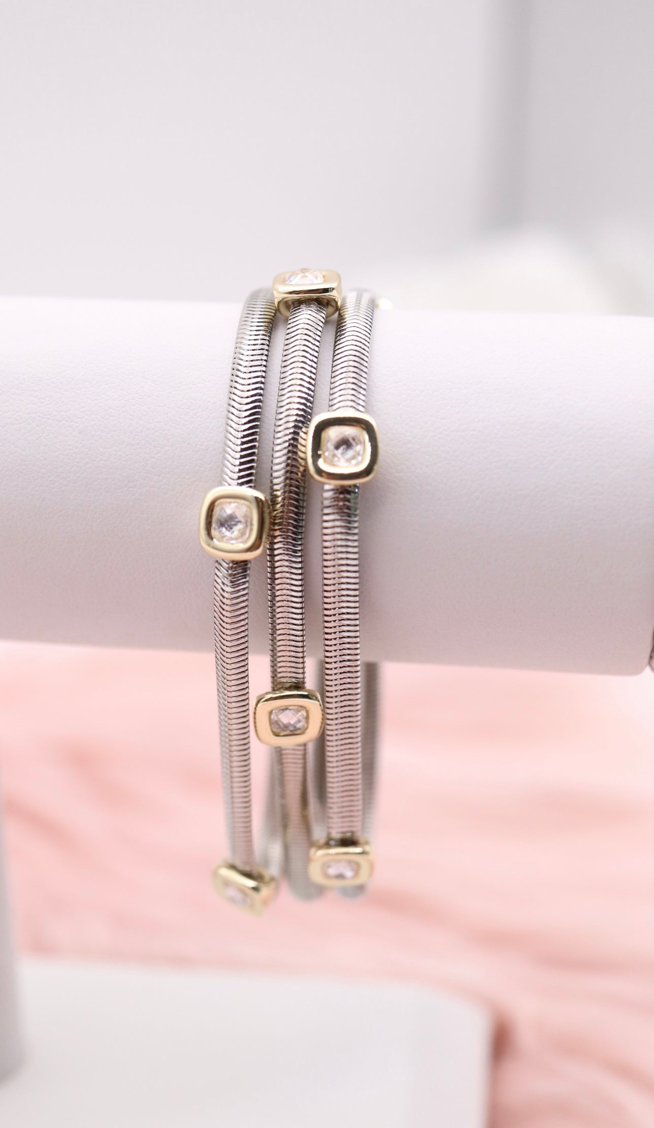 Triple Silver Snake Chain With CZ Square Stations Bracelet