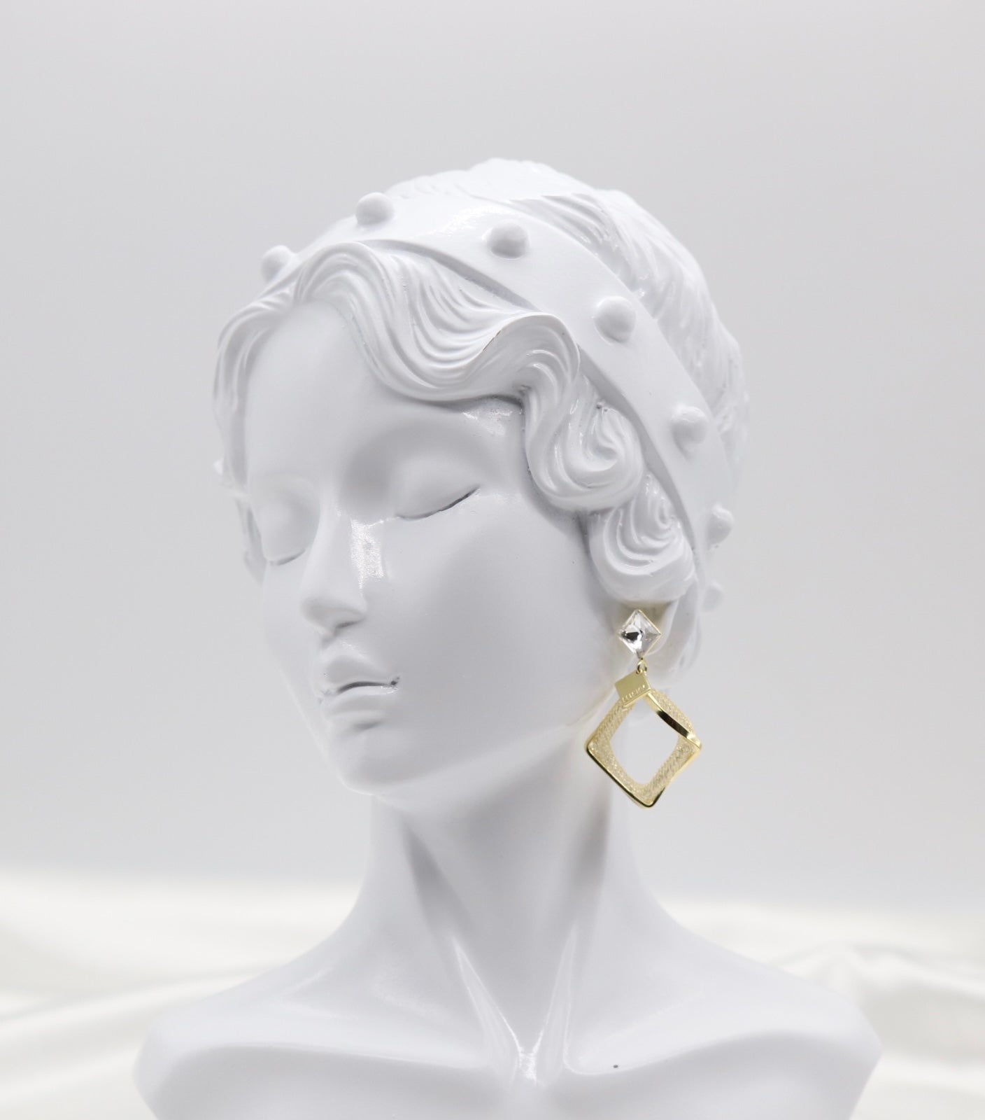 Geometric Textured Gold Drop Earrings with Crystal Studs
