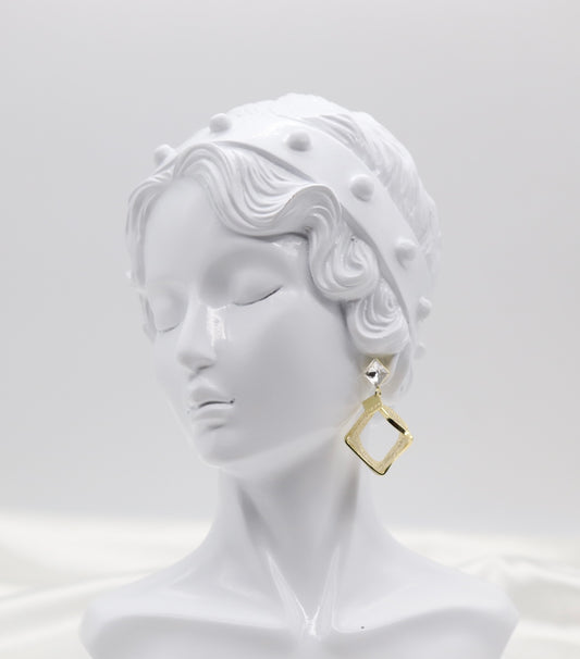 Geometric Textured Gold Drop Earrings with Crystal Studs
