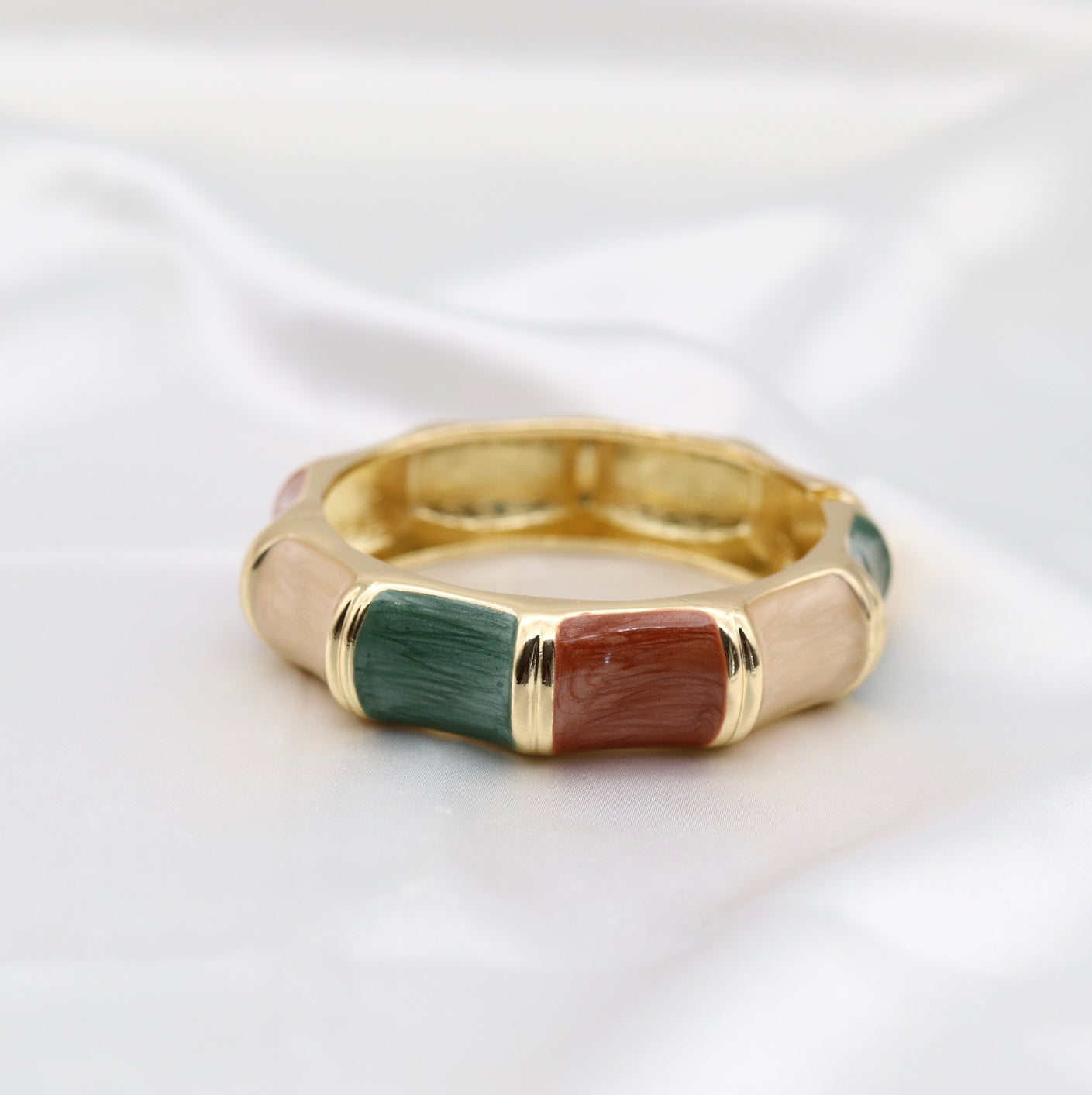 Gold Earth-Tone Multi-Color Enamel Hinged Bangle Bracelet