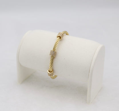 Gold Cable Cuff Bracelet with Pave Crystal Barrel Accents