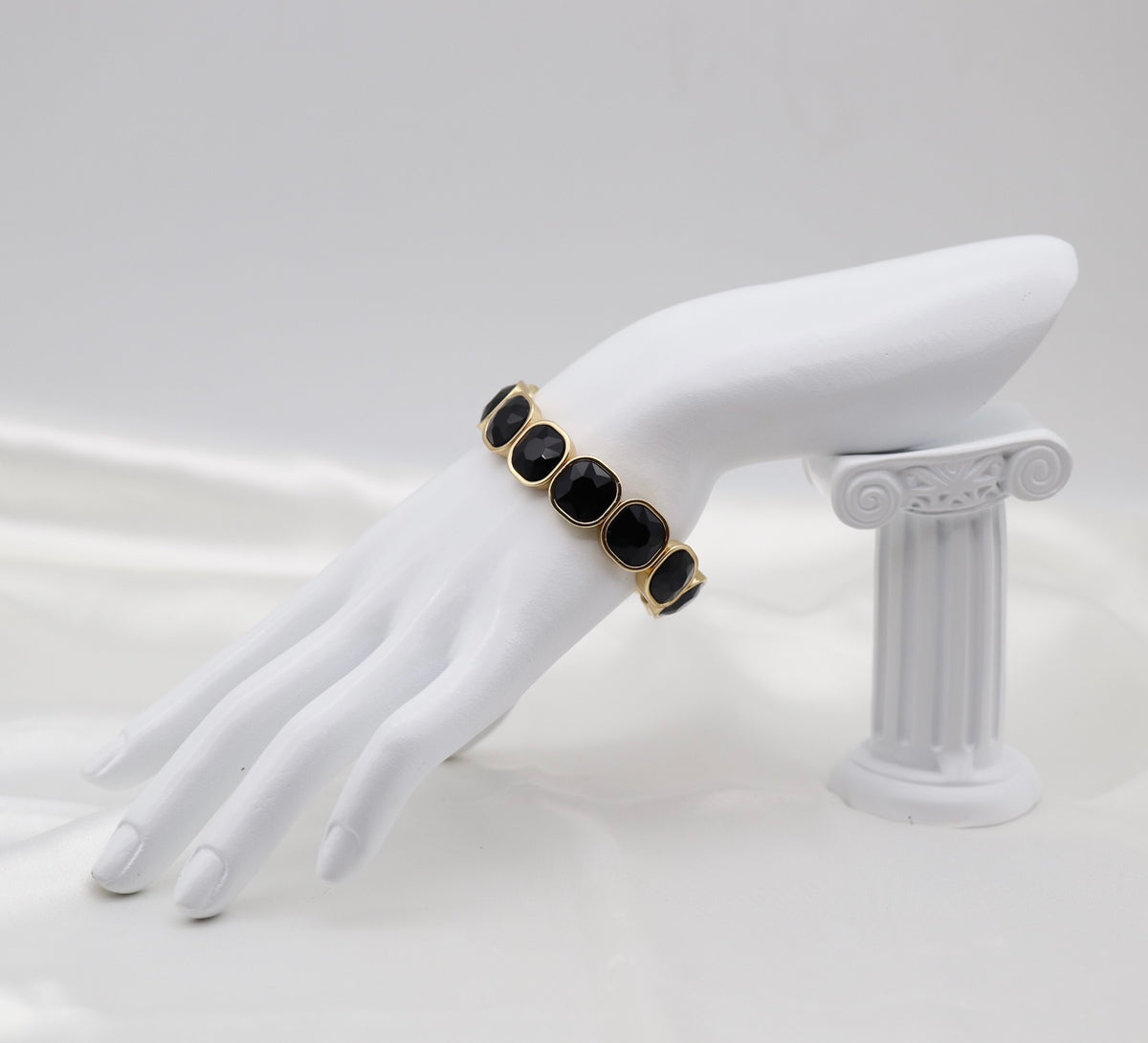 Black Faceted Stone & Gold Stretch Bracelet