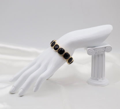Black Faceted Stone & Gold Stretch Bracelet