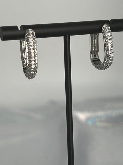 Silver CZ Pave Oval Huggie Earrings