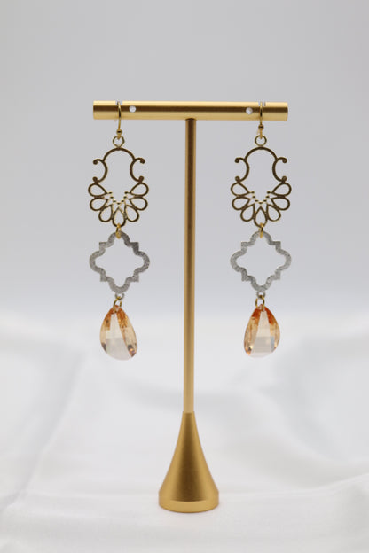 Filigree Dangling Peach Stone Earrings Made With Faceted Fancy Cut Cubics