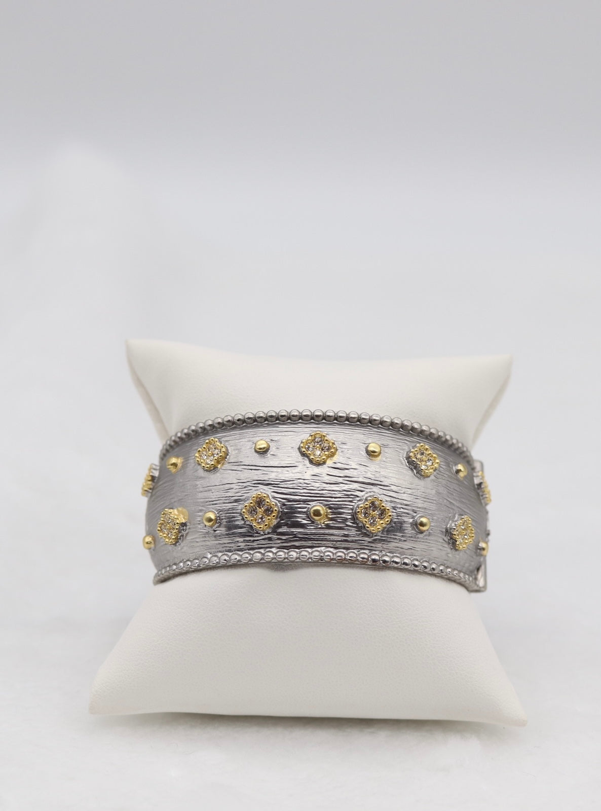 Wide Textured Silver Cuff Bracelet with Gold Floral Accents