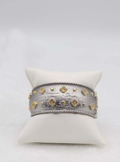 Wide Textured Silver Cuff Bracelet with Gold Floral Accents