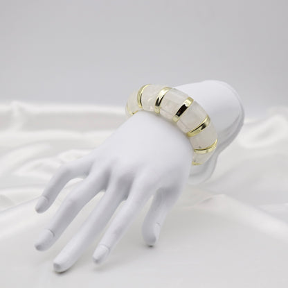 Pearl White Marble Stretch Bracelet with Polished Gold Accents