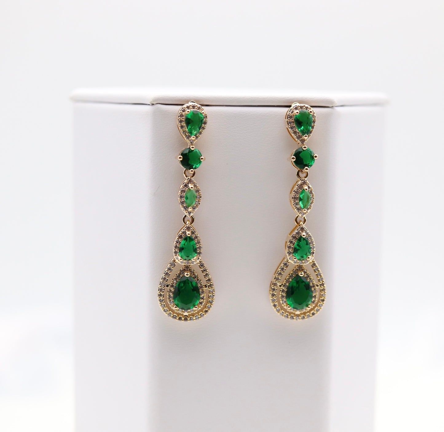 Pear Shaped Emerald Green CZ Dangling Earrings