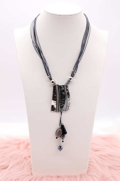 Silver and Black Metal Pendant With Dangling Stones, Multi Black and Silver Rope Necklace