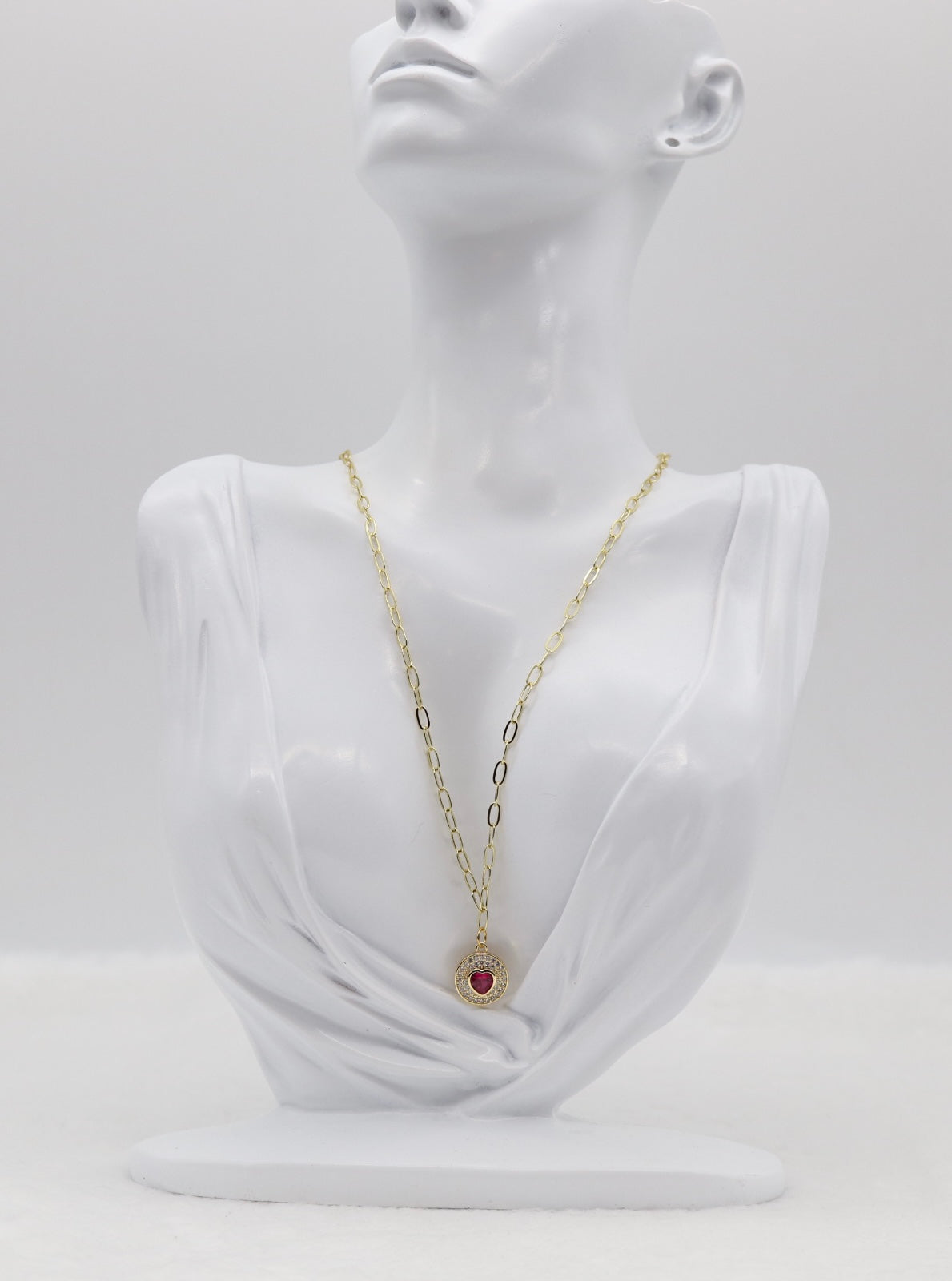 Gold Heart Pendant Necklace – Red Gemstone Center with Crystal Halo