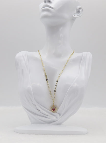 Gold Heart Pendant Necklace – Red Gemstone Center with Crystal Halo