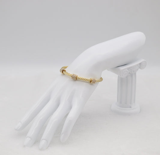 Gold Cable Cuff Bracelet with Pave Crystal Barrel Accents
