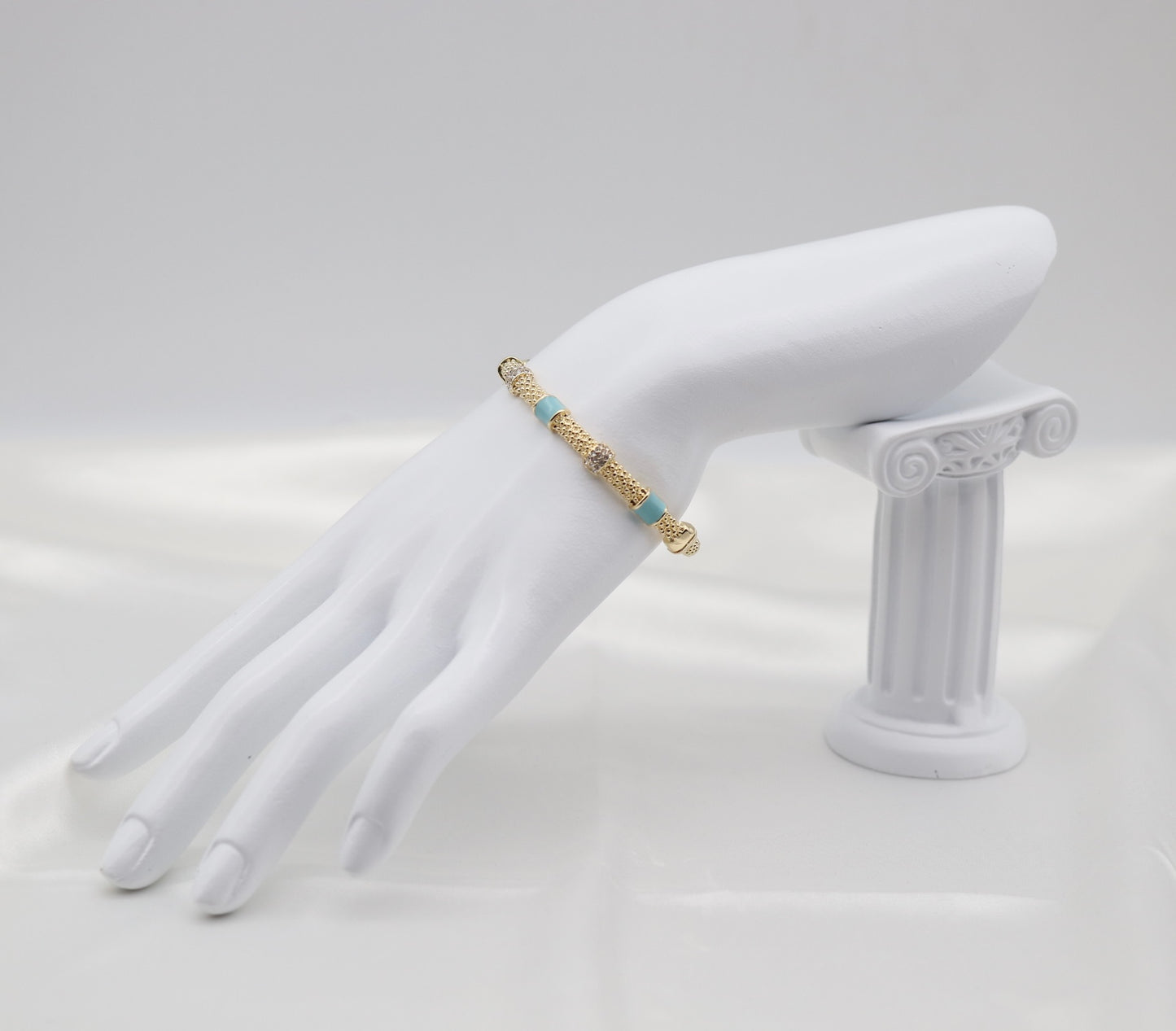 Turquoise Enamel & Crystal Gold Beaded Bangle Bracelet