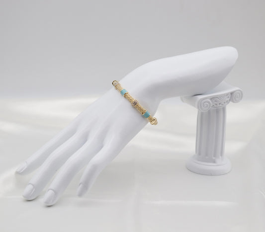 Turquoise Enamel & Crystal Gold Beaded Bangle Bracelet