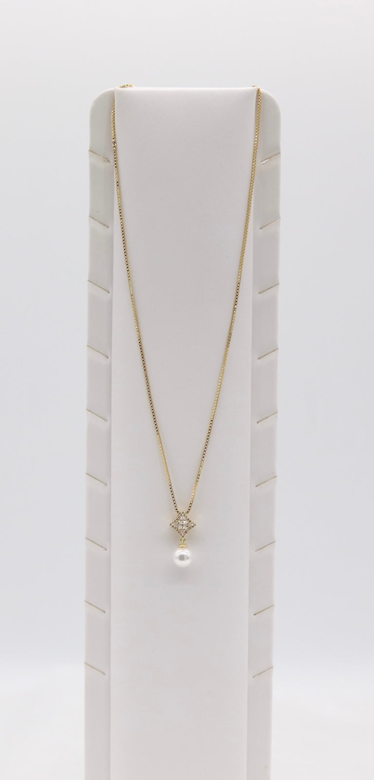 Gold Pearl Drop Necklace – Diamond Accent Square Pendant