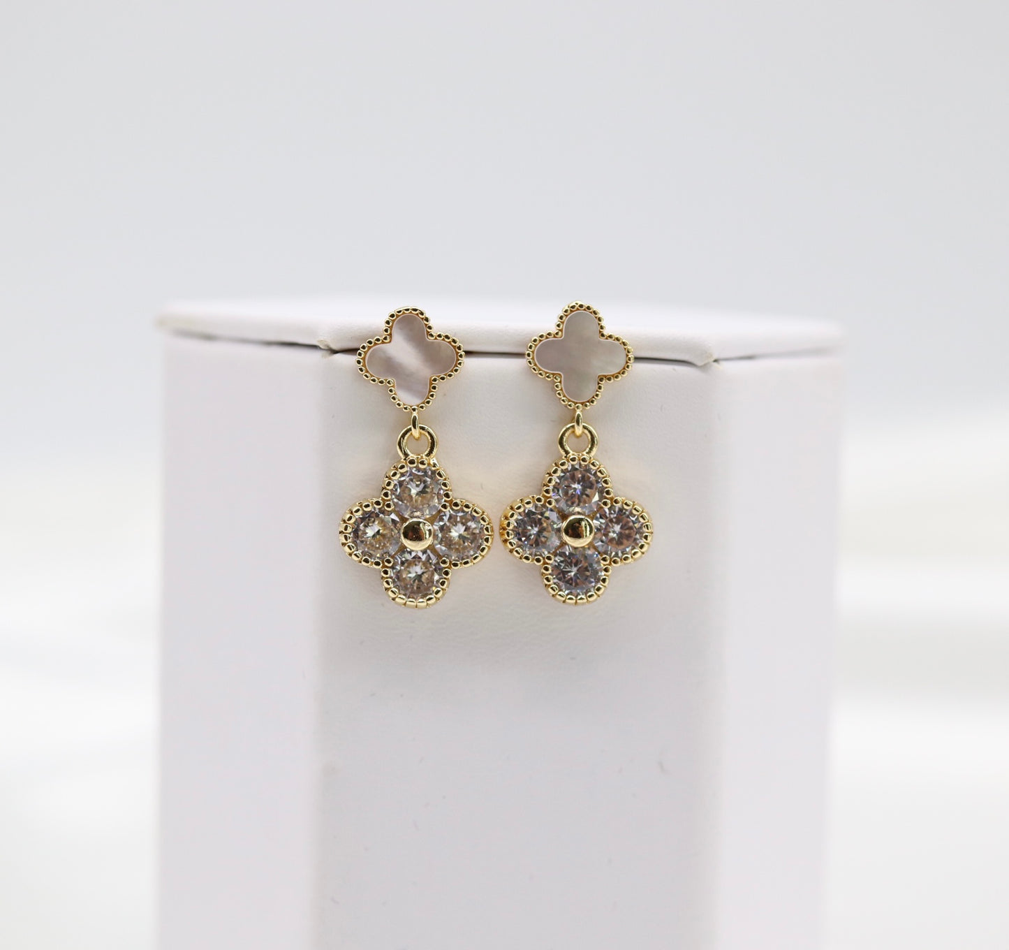 Gold and Pearl CZ Clover Earrings