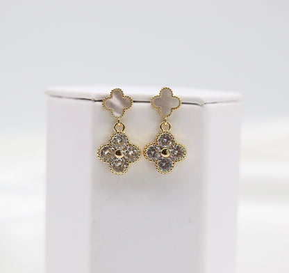 Gold and Pearl CZ Clover Earrings