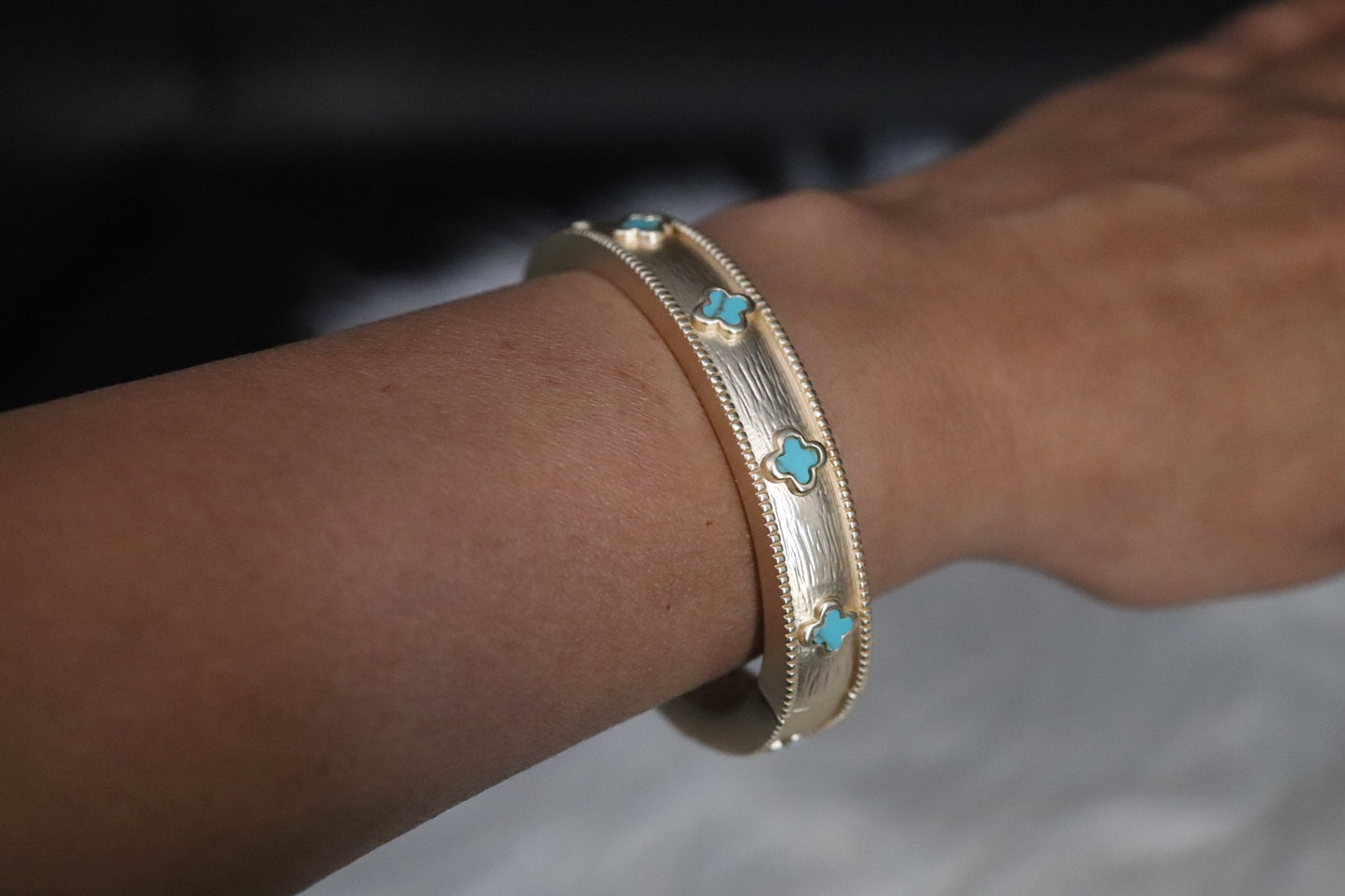 Matte Clover Bangle With Turquoise Clover Stations