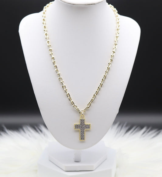 Gold Graduate Link Necklace with CZ Paved Cross Pendant