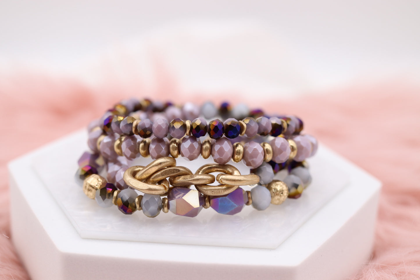 Gold Purple Glass Bead Bracelet Set