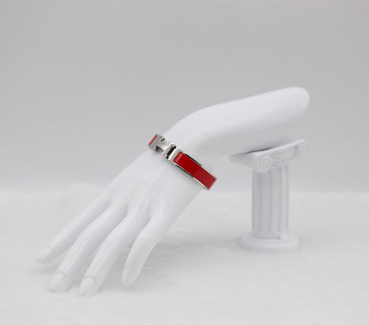 Bold Red Enamel “H” Bracelet – Silver Tone