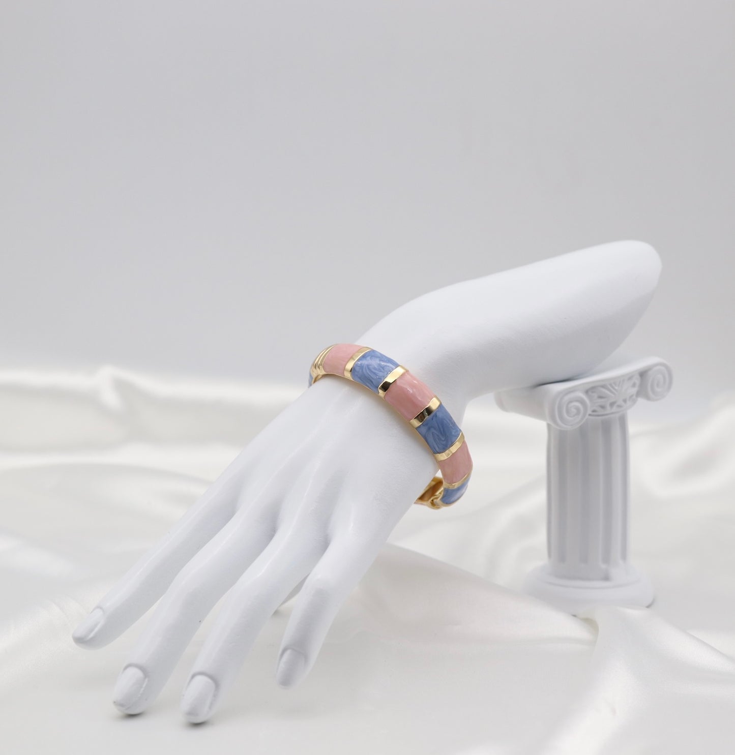 Gold Pink & Blue Multi-Tone Enamel Hinged Bangle Bracelet