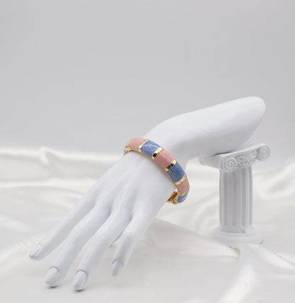 Gold Pink & Blue Multi-Tone Enamel Hinged Bangle Bracelet