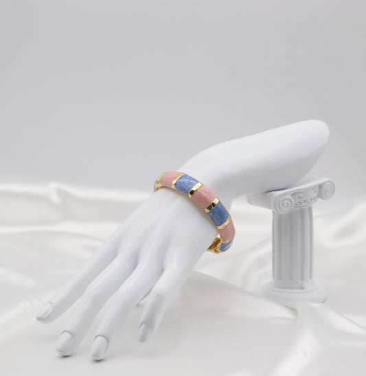 Gold Pink & Blue Multi-Tone Enamel Hinged Bangle Bracelet