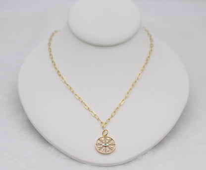 Gold Compass Pendant Necklace – Dainty Crystal Medallion with Evil Eye Detail