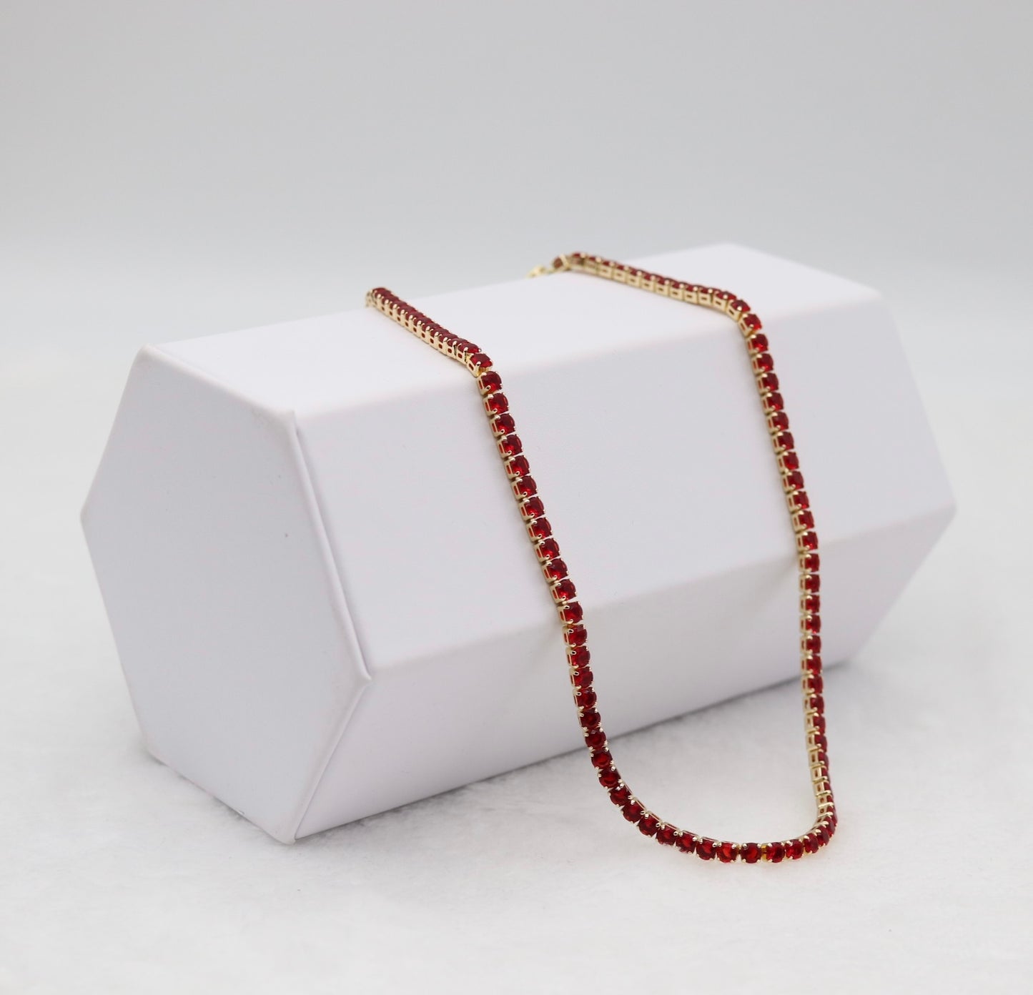 Ruby Red Tennis Necklace – Gold Tone Classic Sparkle