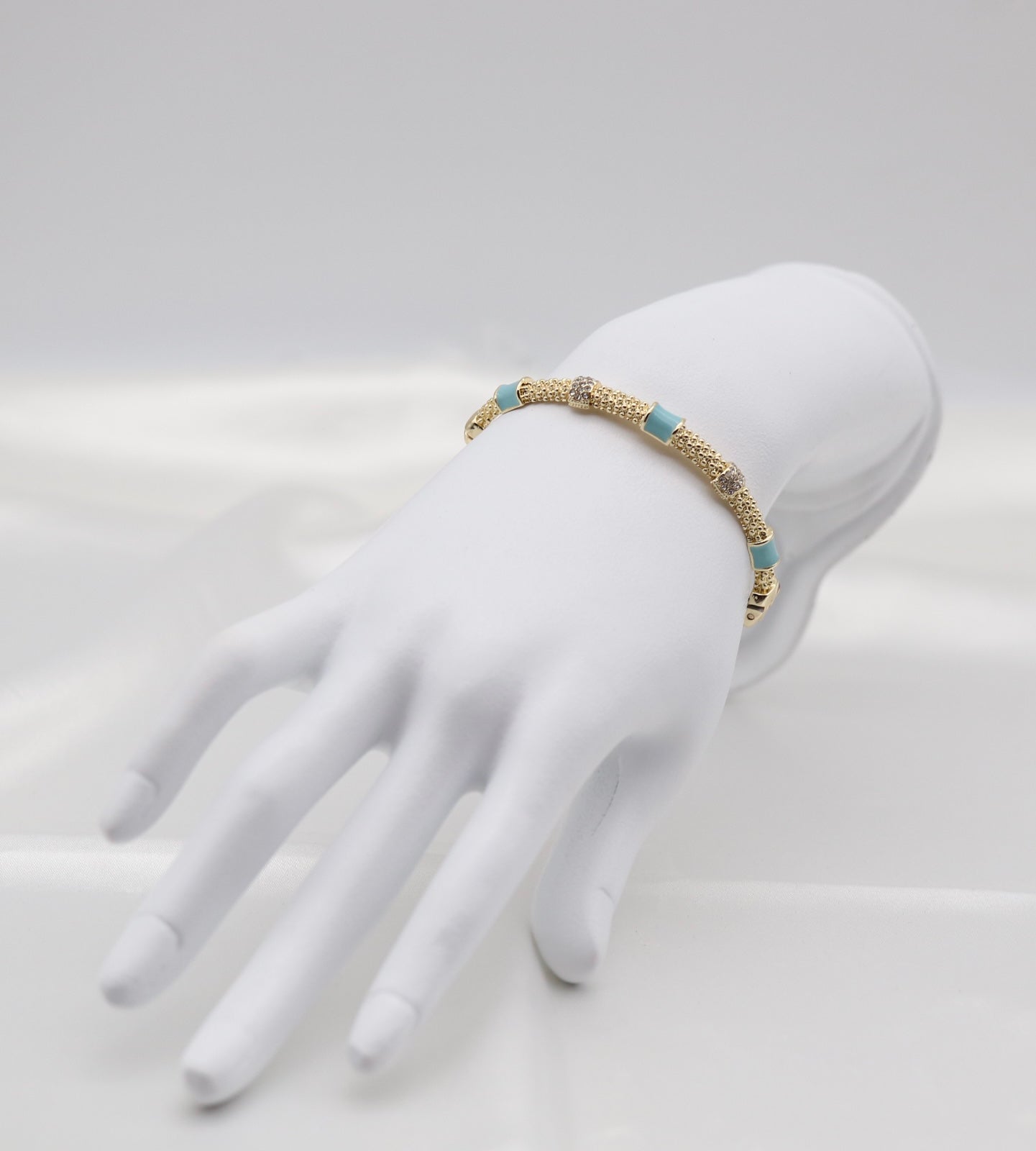 Turquoise Enamel & Crystal Gold Beaded Bangle Bracelet