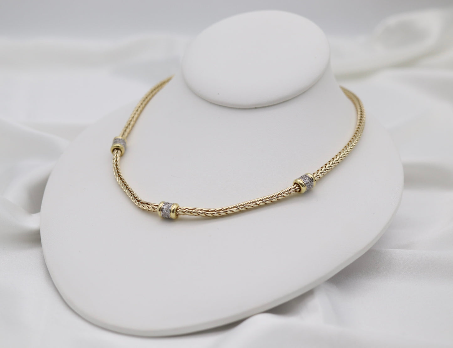 Gold Tone Woven Collar Necklace with Crystal Accent Rings