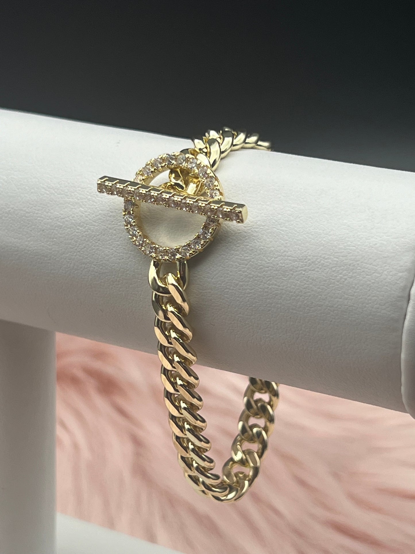 Small Gold Chain Link CZ Toggle Bracelet