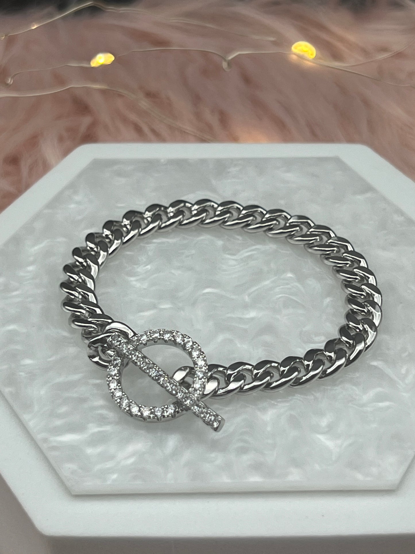 Small Silver Chain Link CZ Toggle Bracelet