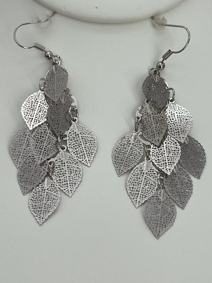 Bohemian Multi Layered Filigree Leaves Dangle Drop Long Statement Earrings, Silver