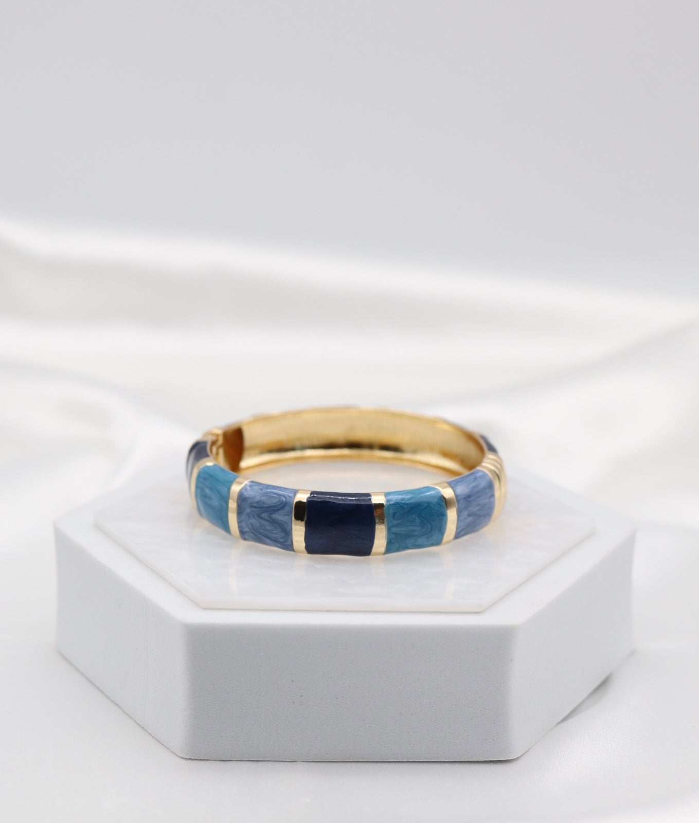 Gold Blue Multi-Tone Enamel Hinged Bangle Bracelet