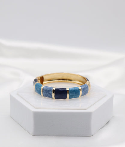 Gold Blue Multi-Tone Enamel Hinged Bangle Bracelet