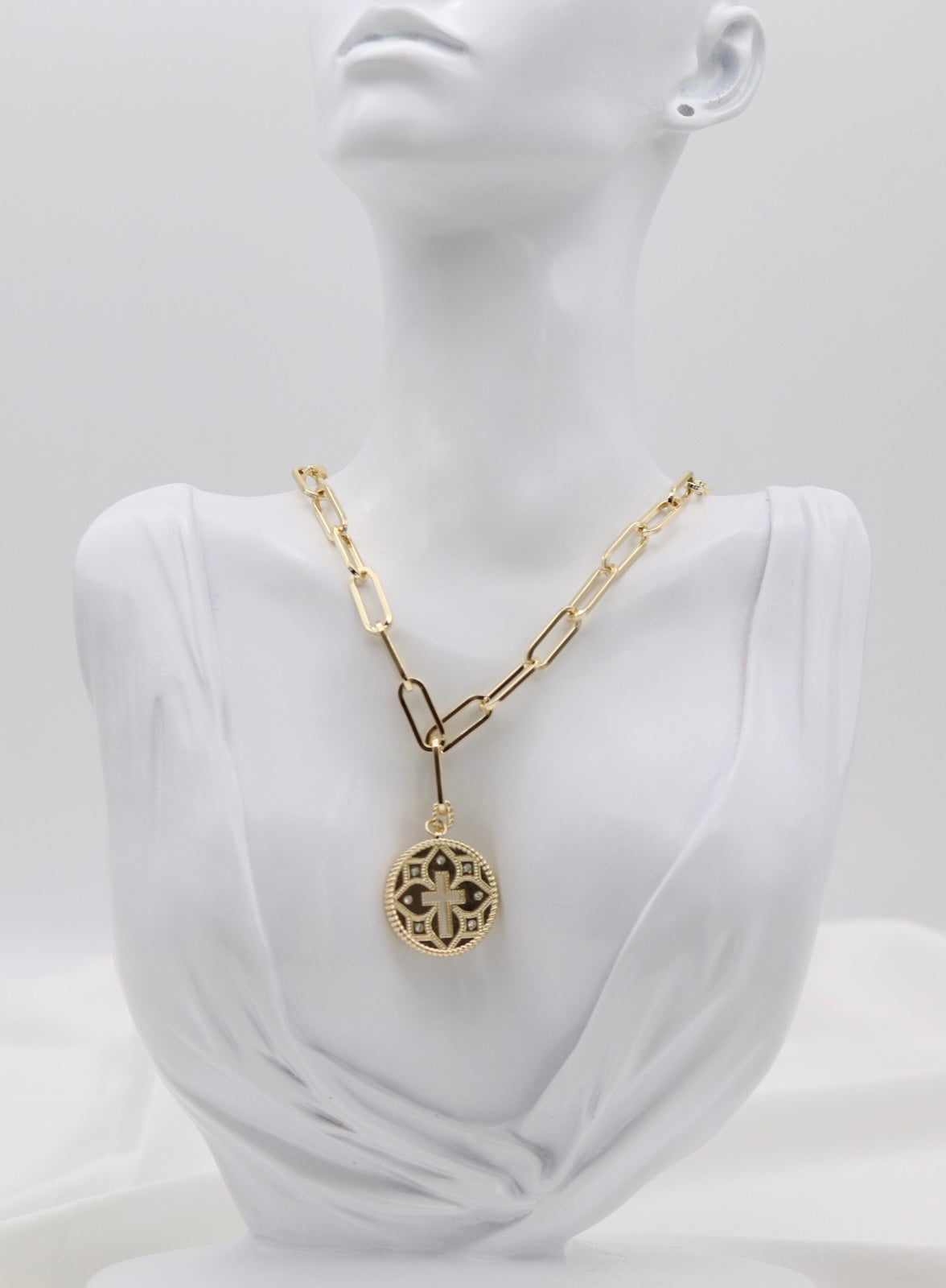Gold Paperclip Chain Cross Medallion Necklace