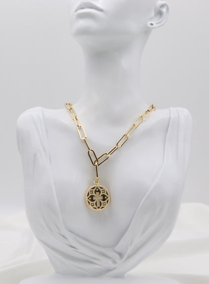 Gold Paperclip Chain Cross Medallion Necklace