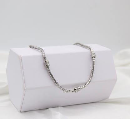 Silver Tone Woven Collar Necklace with Crystal Accent Rings