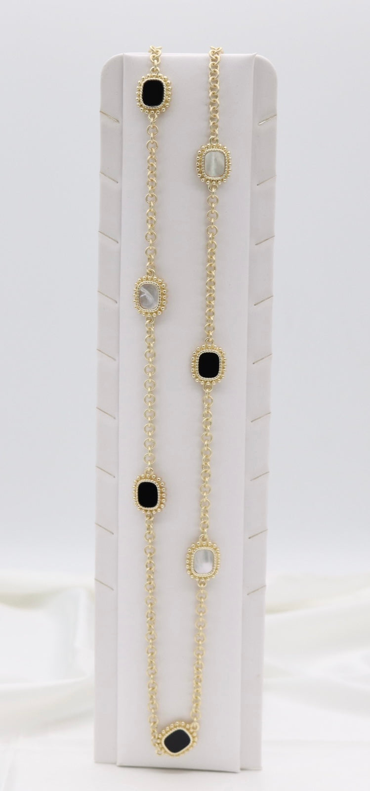 Black & Mother-of-Pearl Medallion Station Necklace – Gold Beaded Chain