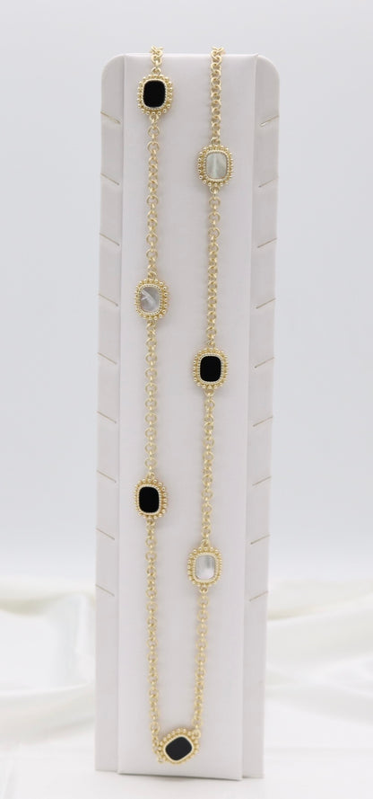 Black & Mother-of-Pearl Medallion Station Necklace – Gold Beaded Chain