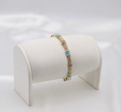 Turquoise Enamel & Crystal Gold Beaded Bangle Bracelet