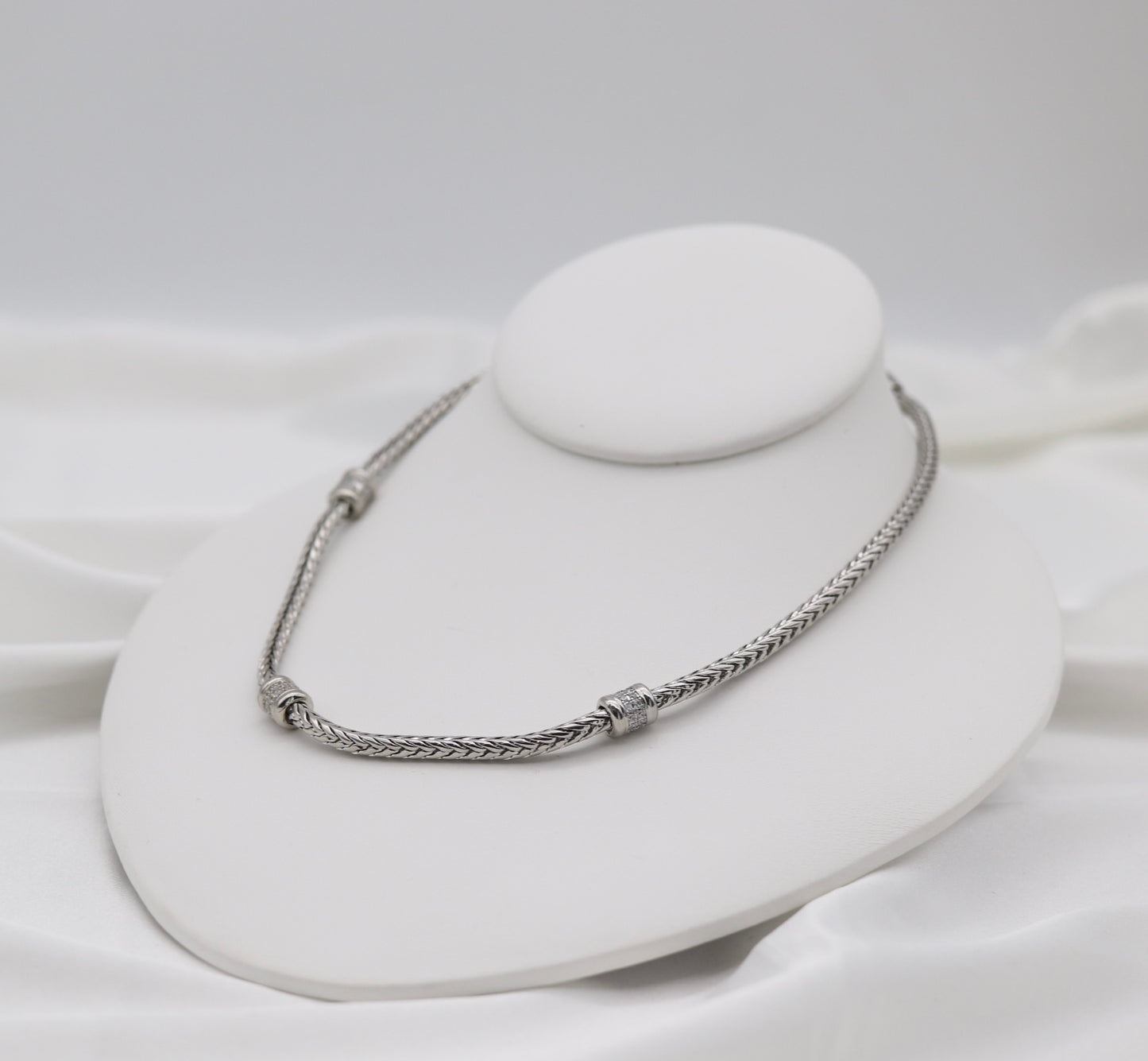Silver Tone Woven Collar Necklace with Crystal Accent Rings
