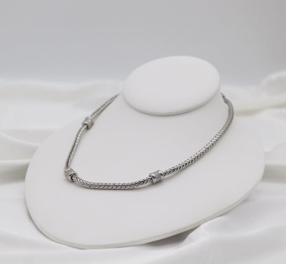 Silver Tone Woven Collar Necklace with Crystal Accent Rings
