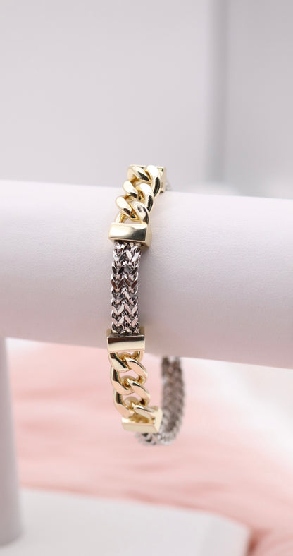 Silver Foxtail Bracelet With Gold Curb Chain Stations