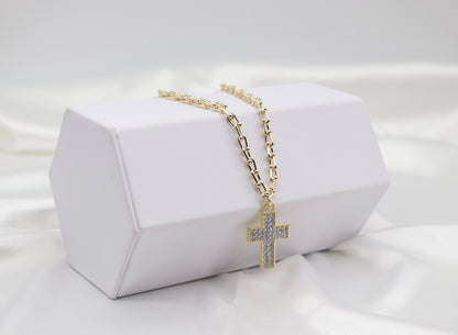 Gold Graduate Link Necklace with CZ Paved Cross Pendant